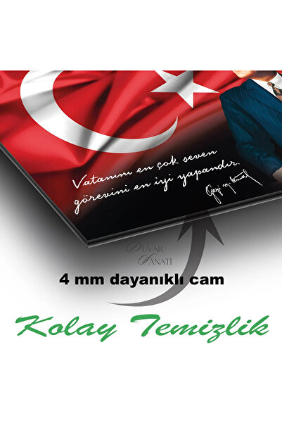 idealizbiz Atatürk Portre ve Türk Bayrağı Vatanını En Çok Seven Görevini En İyi Yapandır Cam Tablo, Hediyelik