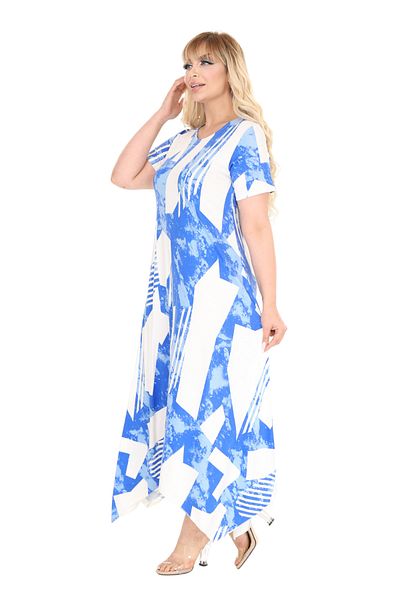 MELSAY Women's Short Sleeve Asymmetrical Cut White Blue Vintage Pattern Plus Size Dress