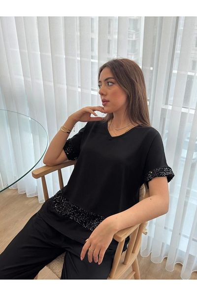 nedo7 Women's Short Sleeve V-Neck Sequined Viscose Two Thread Blouse and Pants Set