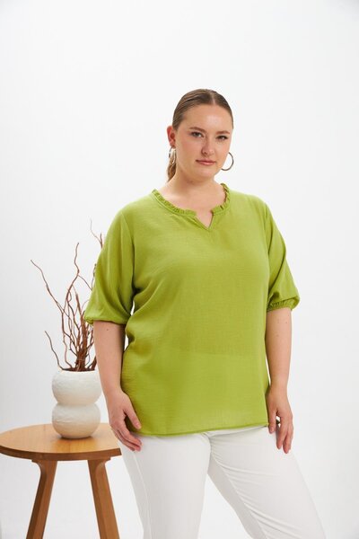 RMG Γυναικεία μπλούζα με κοντό μανίκι με λαιμόκοψη σε σχήμα V Oliv