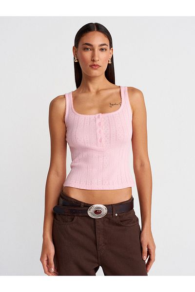 Dilvin 21069 Buttoned Square Neck Top-Powder Pink