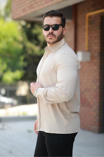 Miron Beige Plain Long Sleeve Regular Fit Shirt - 2526