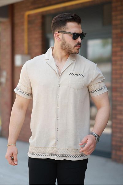 Miron Beige Embroidery Detailed Short Sleeve Regular Fit Shirt - 2525