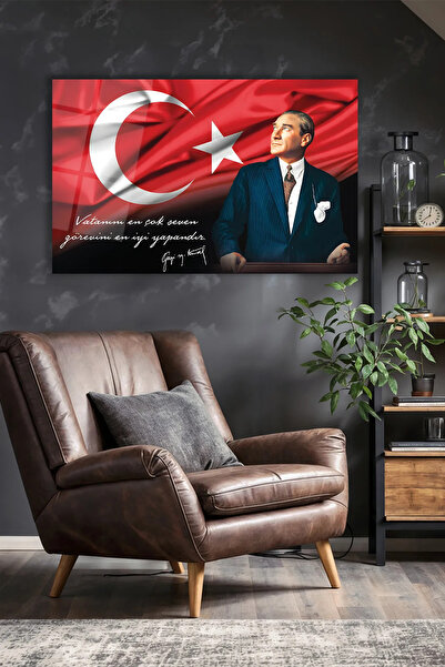 idealizbiz Atatürk Portre ve Türk Bayrağı Vatanını En Çok Seven Görevini En İyi Yapandır Cam Tablo, Hediyelik