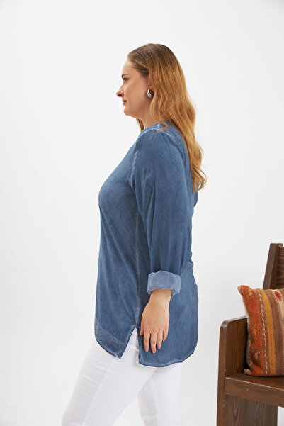 RMG Büyük Beden Pul Payet Detay Bluz İndigo