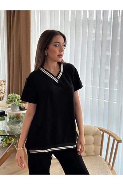 nedo7 Women's Short Sleeve V-Neck Two Thread Blouse and Pants Double Set