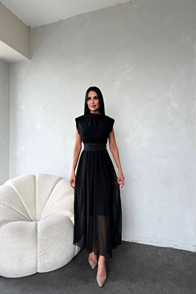 XXL BUTİK Γυναικείο φόρεμα σιφόν με λαιμόκοψη με πέτρινη λεπτομέρεια