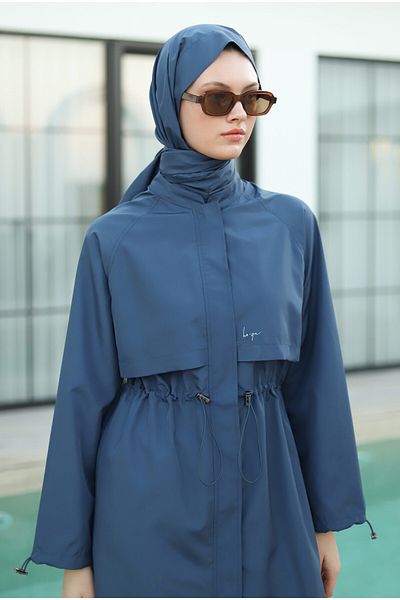 HEQA بدلة سباحة بأكمام راجلان من الدنيم باللون الأزرق