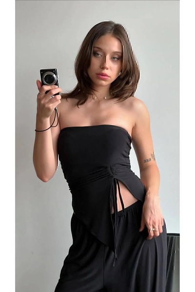 MÇmoda Mç Moda Women's Strapless Gathered Blouse Loose Casual Pants Two-Piece Suit