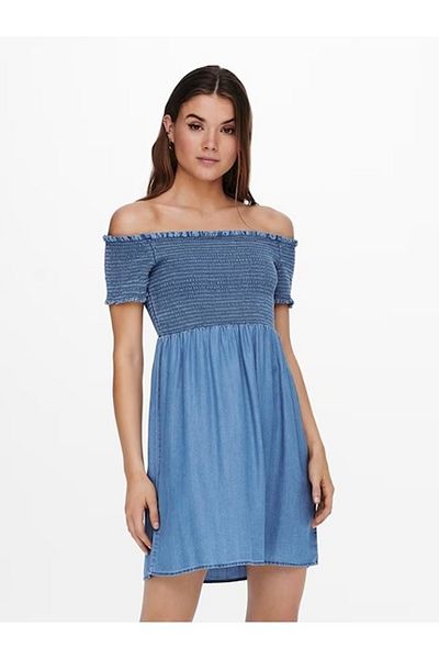 ONLY Rochie scurta cu decolteu pe umeri din denim subtire Cora Life, Albastru, S