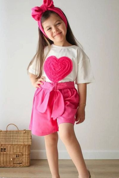 Kidmark Çocuk Modası Girl's Heart Detailed Pink Shorts Set