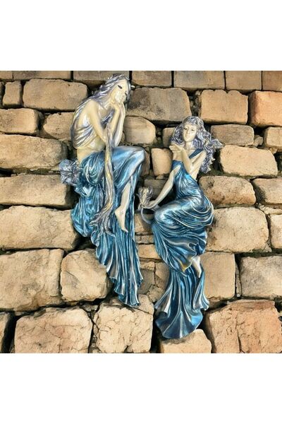 Peramari Dekoratif Polyester Duvara Asmalı İkili Kadın Figürü Tablo Turkuaz Eskitme