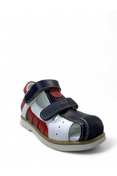 Tuğba Ortopedi 636 Full Orthopedic 100% Genuine Leather Boys Preschool Navy Blue/Red Corset Sandals