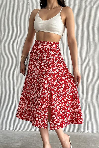 Mila Red Patterned Slit Midi Skirt