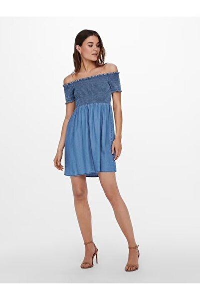 ONLY Cora Life short off-the-shoulder dress in thin denim, Blue, S