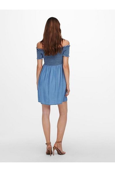 ONLY Rochie scurta cu decolteu pe umeri din denim subtire Cora Life, Albastru, S