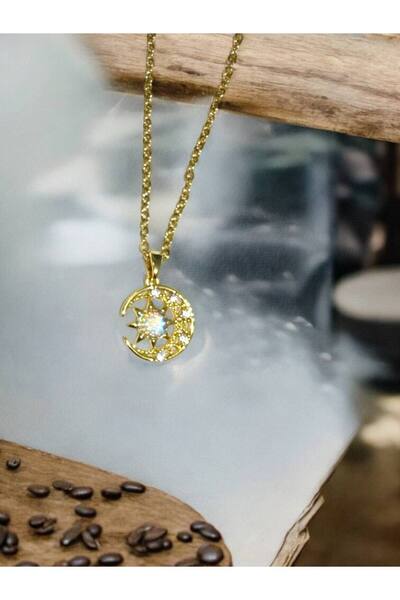 Herşey Nota قلادة نسائية على شكل نجمة القمر اللؤلؤية – لون ذهبي ستانلس ستيل، ...