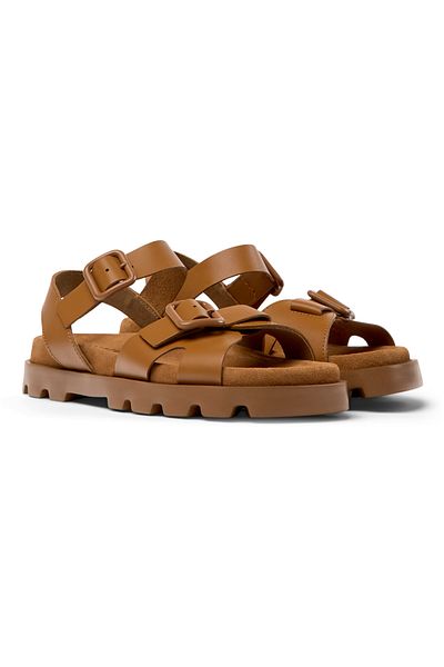 CAMPER Women's Brown Genuine Leather Hook And Loop Buckle Adjustable Sandal Brutus