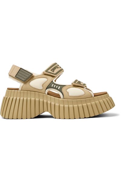 CAMPER Women's Beige Hook And Loop Strap Summer Sandals with Thick Heels and Double Bands PixBcn