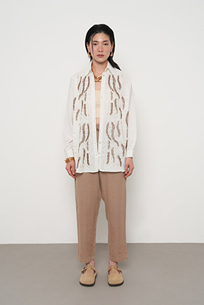 Orfeo Negro Women's Front Beaded Oversize Cut-Out Solid Color Shirt