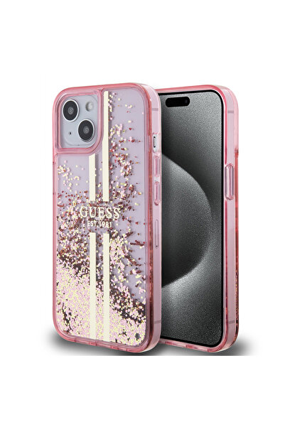 Guess iPhone 15 Uyumlu Kılıf Guess Lisanslı Transparan Sıvılı Simli Altın Çiz...