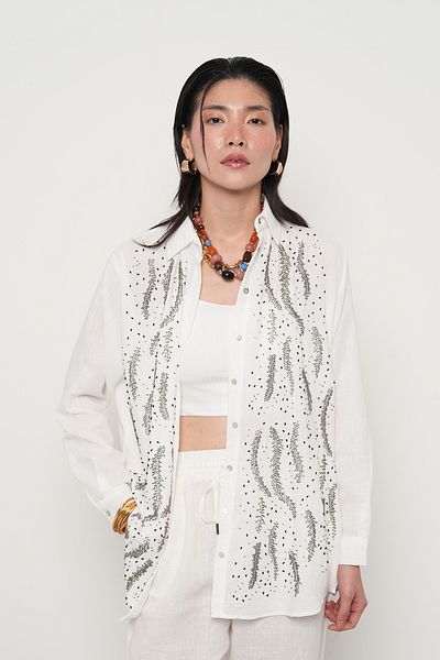 Orfeo Negro Women's Front Beaded Oversize Cut-Out Solid Color Shirt