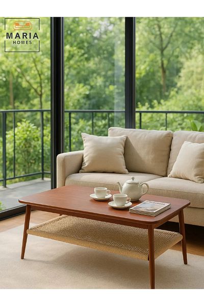 MARIA HOMES Modern Rectangular Center Table With Wooden Top And Woven Storage Shelf – Walnut Finish