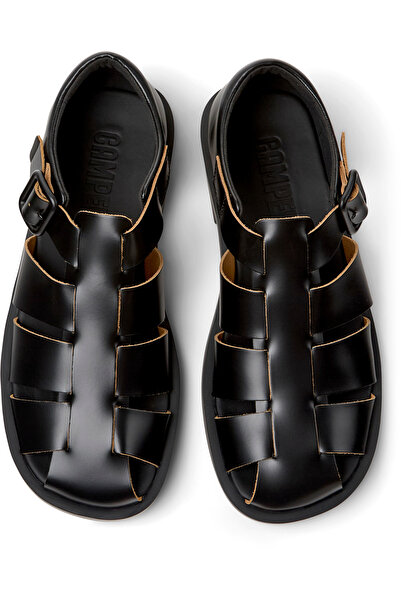 CAMPER Men's Black Adjustable Sandals with Hook And Loop Strap, Soft Sole, Genuine Leather Don