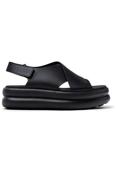 CAMPER Women's Black Genuine Leather Cross-Band Hook And Loop Sandals with Soft Sole PelotasFlotaUp