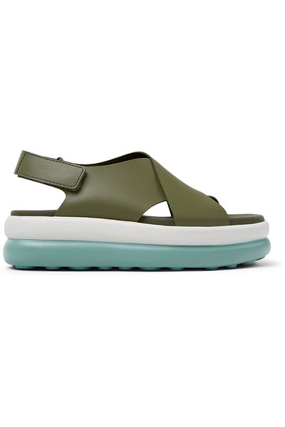 CAMPER Women’s Green Genuine Leather Sandals with Hook And Loop Straps and High Soles PelotasFlotaUp