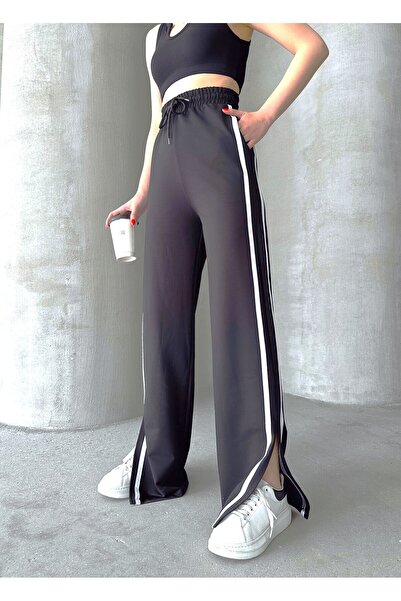 Bonne Maison Γυναικείο παντελόνι φόρμας σε ανθρακί χρώμα με ρίγες και σκισίμα...