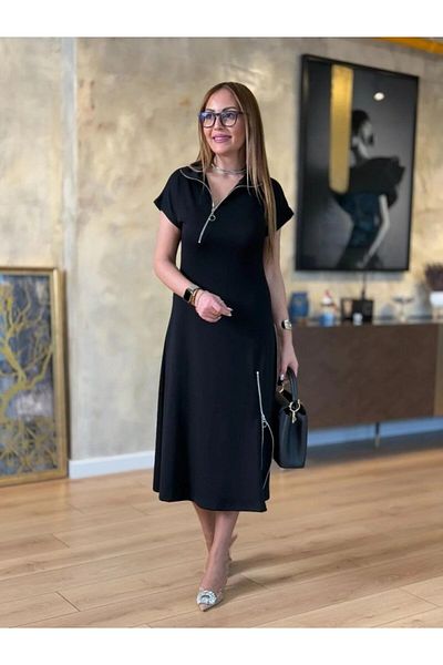 Modayakamoz Νέα σεζόν Γυναικείο κοντομάνικο φόρεμα μίντι βισκόζης με φερμουάρ από την λαιμόκοψη και τη φούστα