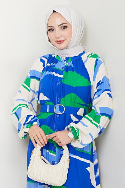 InStyle Botanical Pattern Saks Blue Viscose Dress