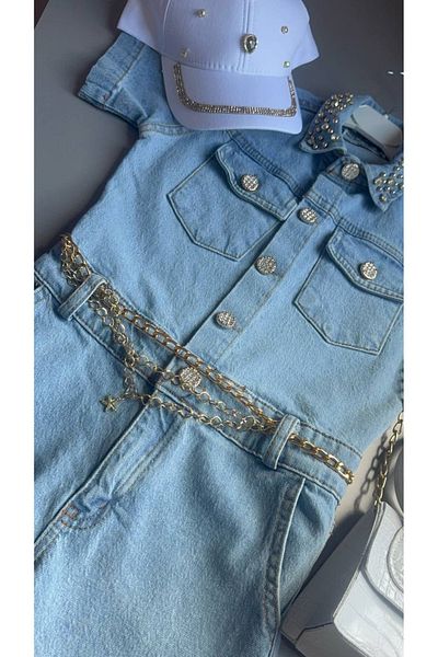 SILA Girl's Denim Jumpsuit Chain ​​Belt-Hat-Bag Set Holiday