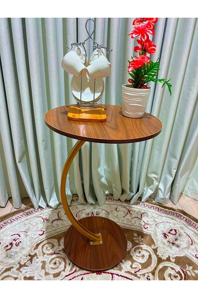 Un Modern C-Shaped Round Wooden Sofa Side Table