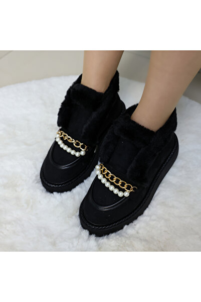 EVASAMLİSHOESBAG Süet İnci Detaylı Kürklü Kadın Bot Siyah