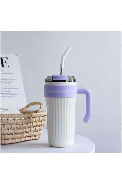 FOXMAG24 Cana termos pentru bauturi, cu pai din inoc, maner ergonomic, capacitate 800ml, alb/mov