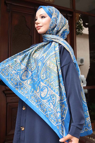 benguen Şal cu model etnic Saks Blue H103