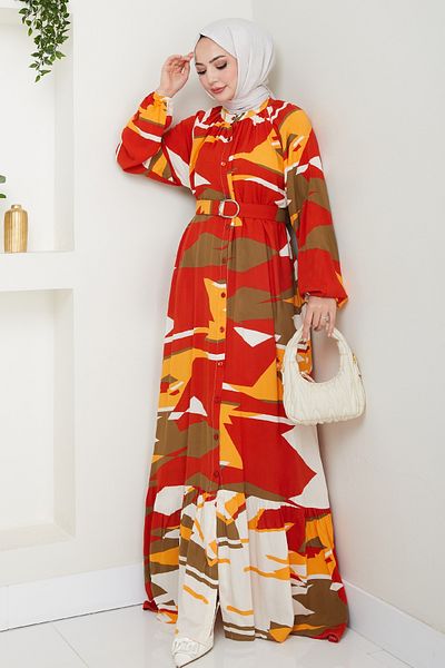 InStyle Botanical Pattern Red Viscose Dress