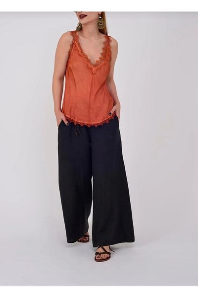 İTALYAN Women's Button Detail Belted Italian Linen Pants