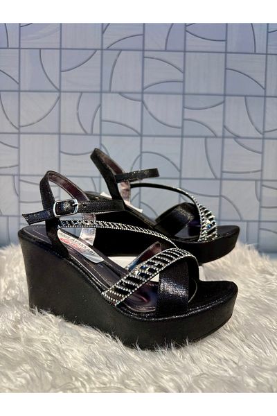 Anıl Ayakkabı Lg 302 Women's Black Plaster Pattern Cross Single Band Detail Stone Wedge Heel Daily Evening Dress Stylish Shoes