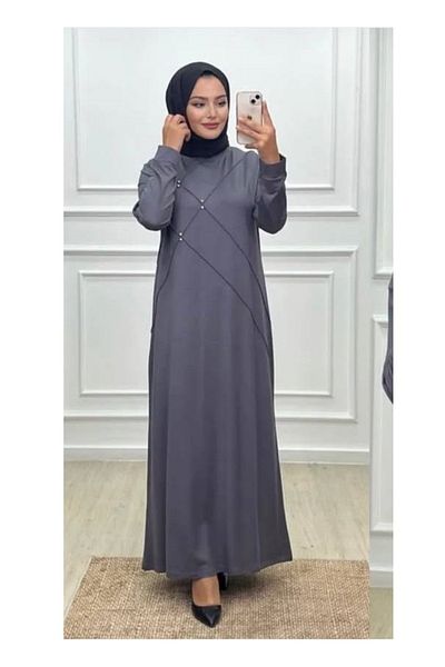 CELTMODA Women's Stone Detailed Plain Long Combed Cotton Dress - Gray