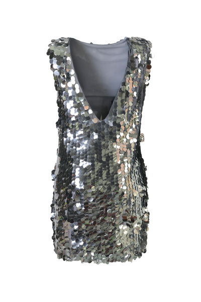 boucles Gümüş V Yaka Tam Payetli Mini Özel Üretim Elbise