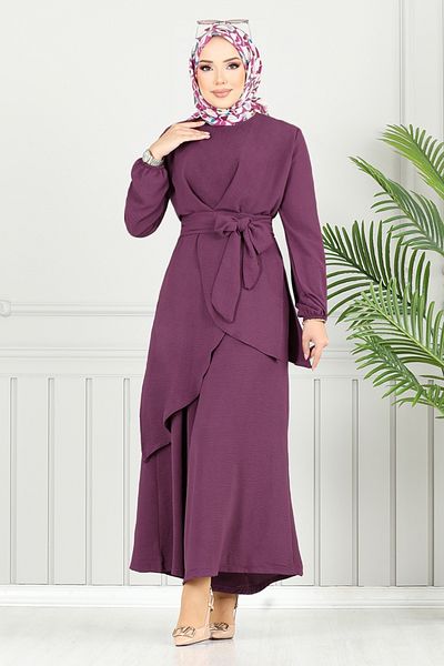 ModaMerve Asymmetric Cut Hijab Suit 4743Znk903-M Plum