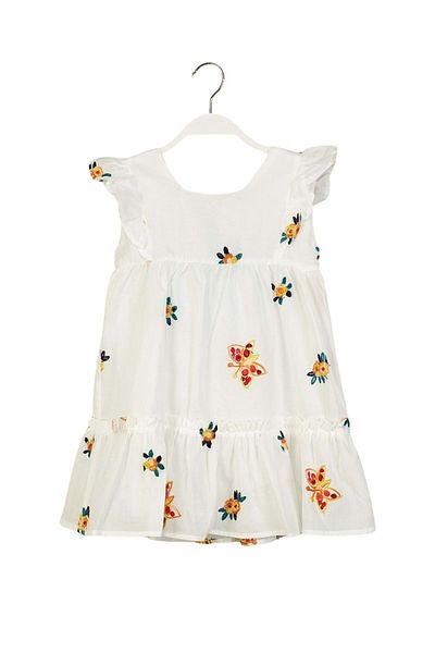 wakawakakidsstore White Butterfly and Flower Embroidered Ruffle Girl's Dress