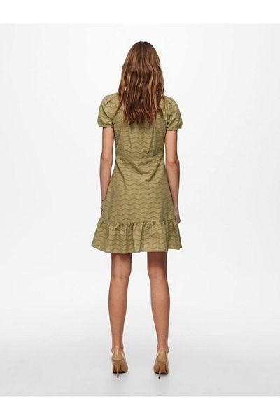 ONLY Carla Life cotton flared dress with ruffles and puff sleeves. Brown, XL