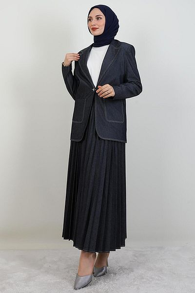 giz astore Pleated Skirt Denim Suit Dark Blue
