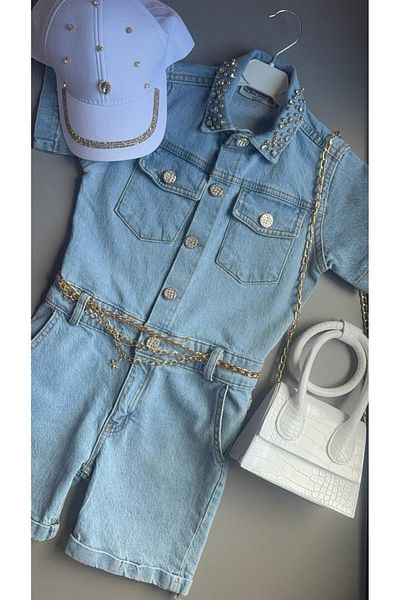 SILA Girl's Denim Jumpsuit Chain ​​Belt-Hat-Bag Set Holiday