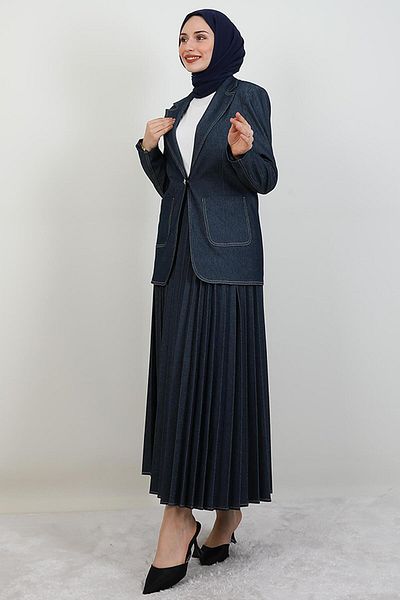 giz astore Pleated Skirt Denim Suit Blue