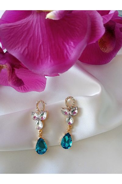 Pervin Ablacım Gold Dangle Showy Earrings with White and Turquoise Colored Stones